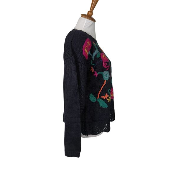 Vintage 80s Kitty Hawk NAvy Blue 3D knit Floral Embroidered Sweater M - Picture 4 of 5